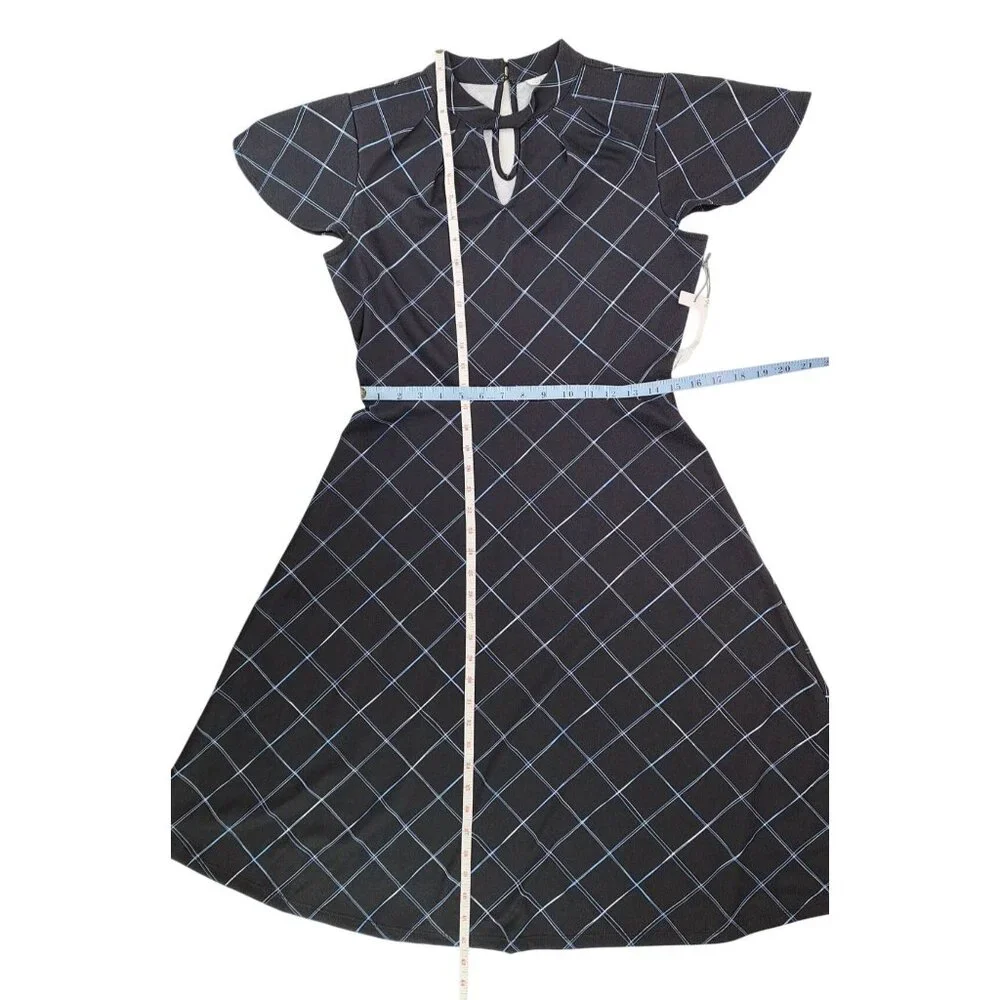Liz Claiborne Black Plaid Square Fit Flare Dress Women Size 6 Keyhole Back Blue - Picture 9 of 9